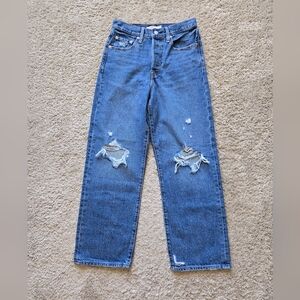 Levis Ribcage Straight Ankle Jeans Womens 27 Blue Distressed Button Fly